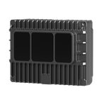 E1R solid-state digital LiDAR, angled view of the finned black housing with three sensing windows