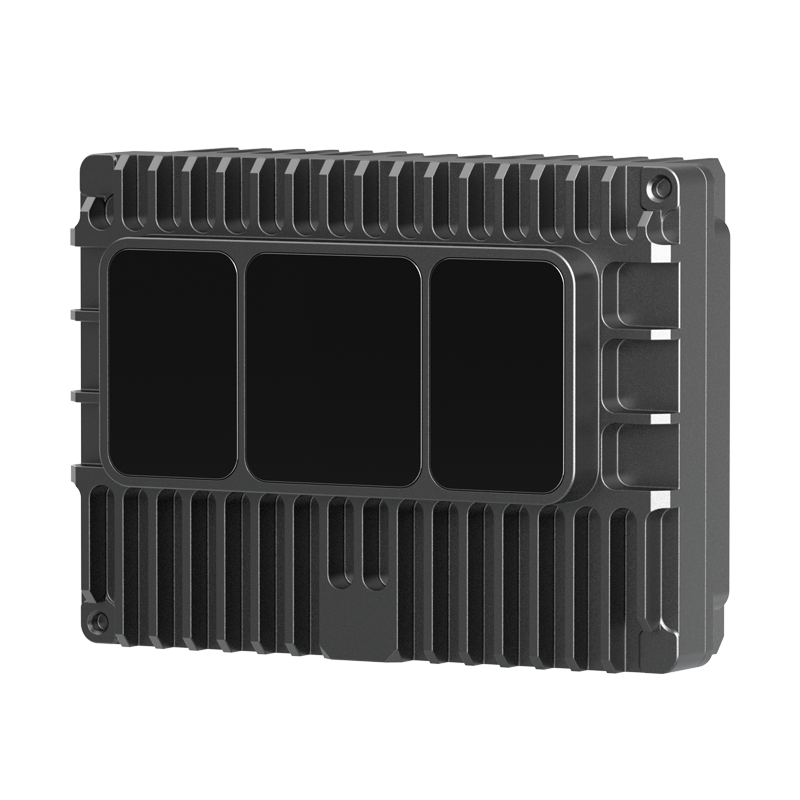 E1R solid-state digital LiDAR, angled view of the finned black housing with three sensing windows