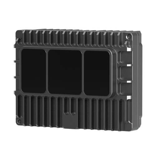 E1R solid-state digital LiDAR, angled view of the finned black housing with three sensing windows