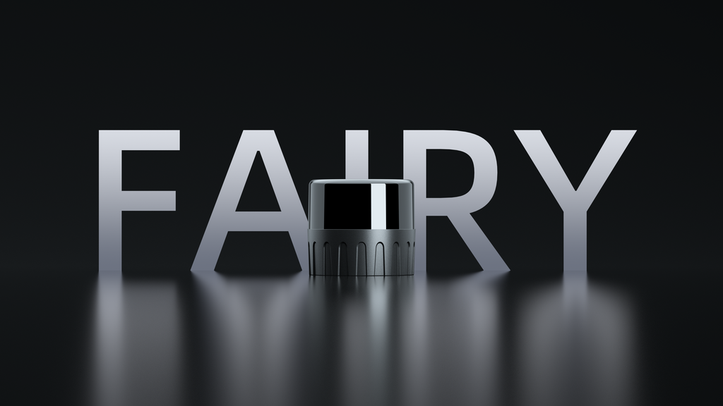Fairy digital LiDAR standing in front of the word FAIRY on a dark reflective surface