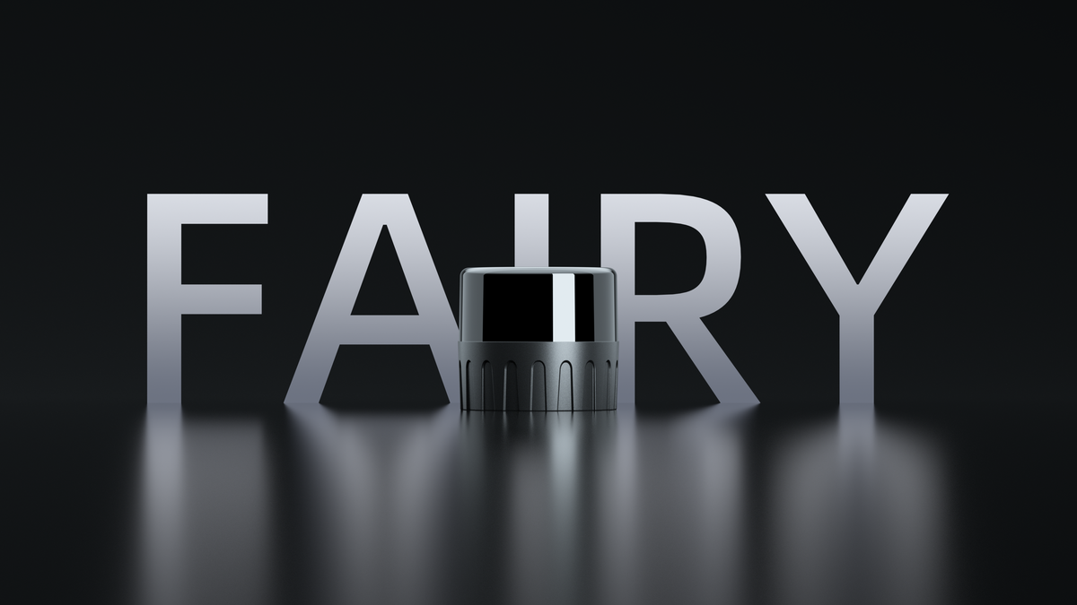 Fairy digital LiDAR standing in front of the word FAIRY on a dark reflective surface